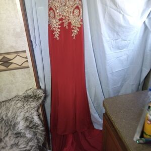 Elegant Red Gown with Gold Embellishments